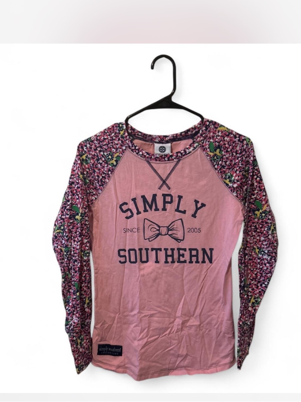 Simply Southern Pink Raglan Long Sleeve Tee with Floral Sleeves
